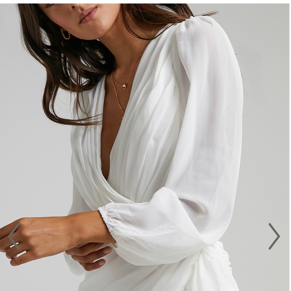 SHOWPO: CAN I BE YOUR HONEY PLUNGE BALLOON SLEEVE MINI DRESS IN WHITE - Picture 2 of 3